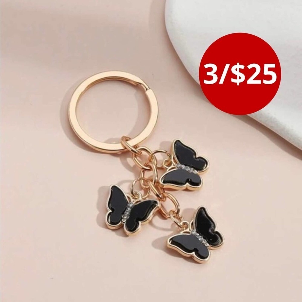 Black Butterflies Keyring Gold Rhinestone Triple Crystal Butterfly Keychain NEW - Picture 2 of 5